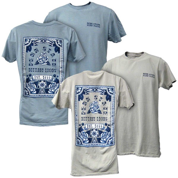 concrete and denim blue short sleeve t-shirts with Penn State tattoo designs front and back